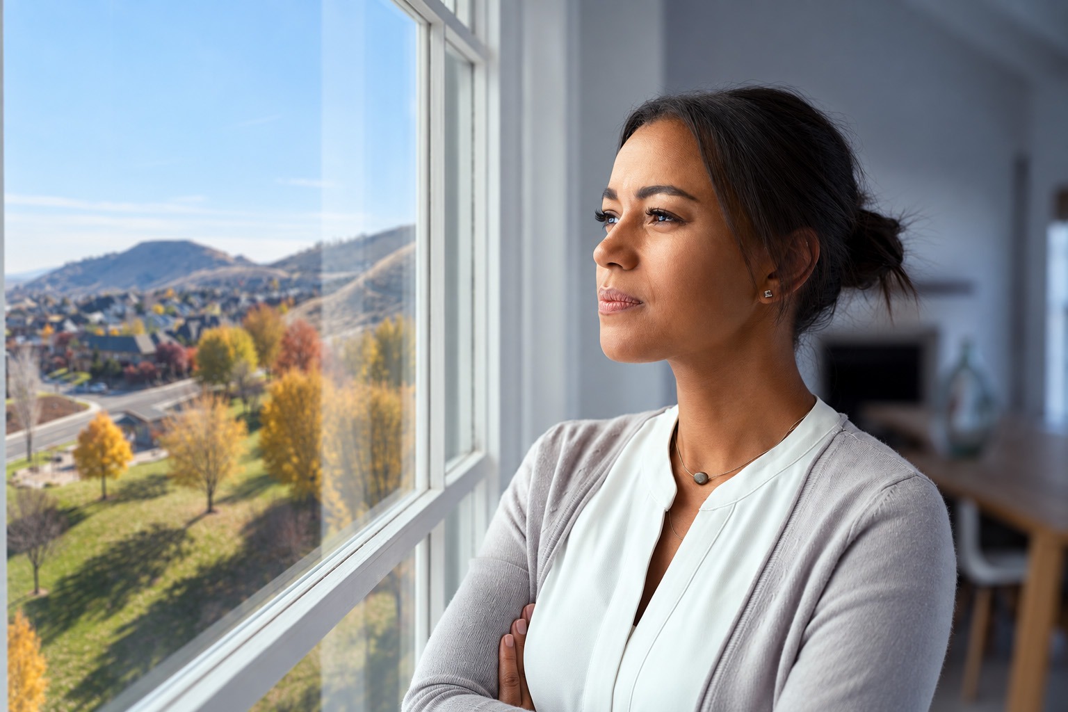 Woman looking through a window toward Badger Mountain, illustrating breast augmentation recovery in the Tri-Cities, Washington.